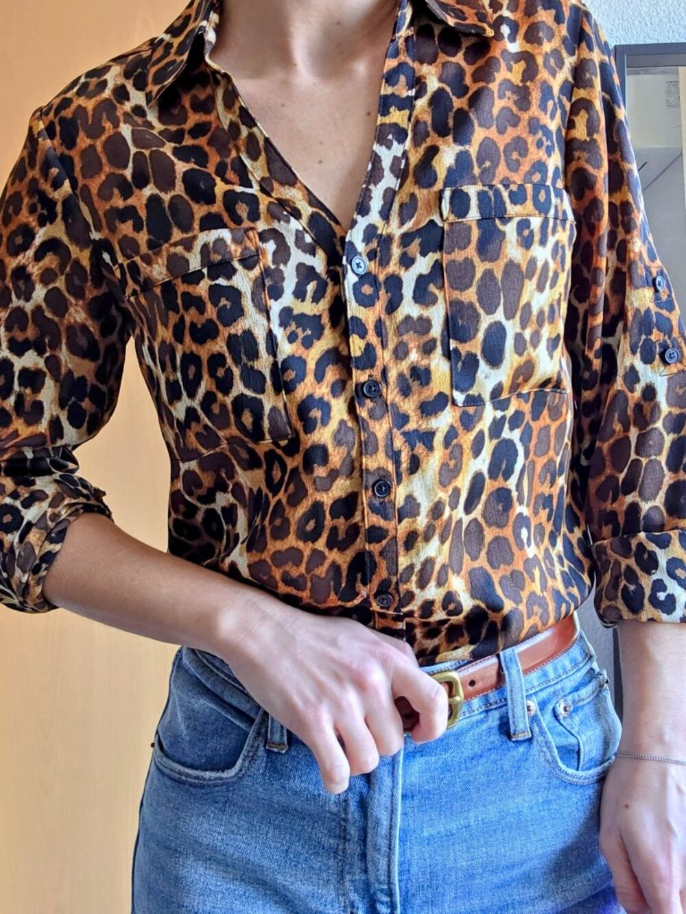 Express The Portofino Shirt Slim Fit Button Down Long Sleeve Top Cheetah Size XS - Picture 15 of 16